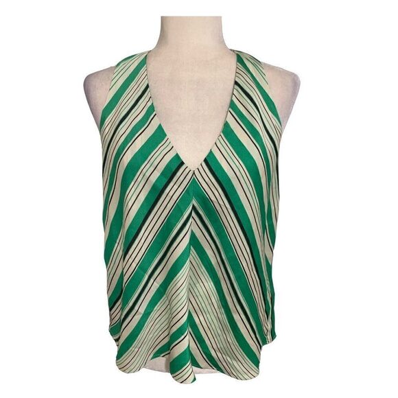 zara womens green white black V Neck striped satin tank top medium - Picture 1 of 4